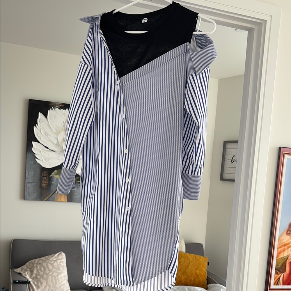 Blue Asymmetrical Long Sleeve Shirt Dress - Picture 1 of 2